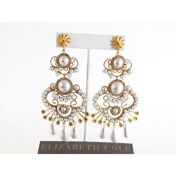 Women's Earrings Designer Elizabeth Cole Faux Pearl/Crystal Gold Plated Earrings - Picture 8 of 11